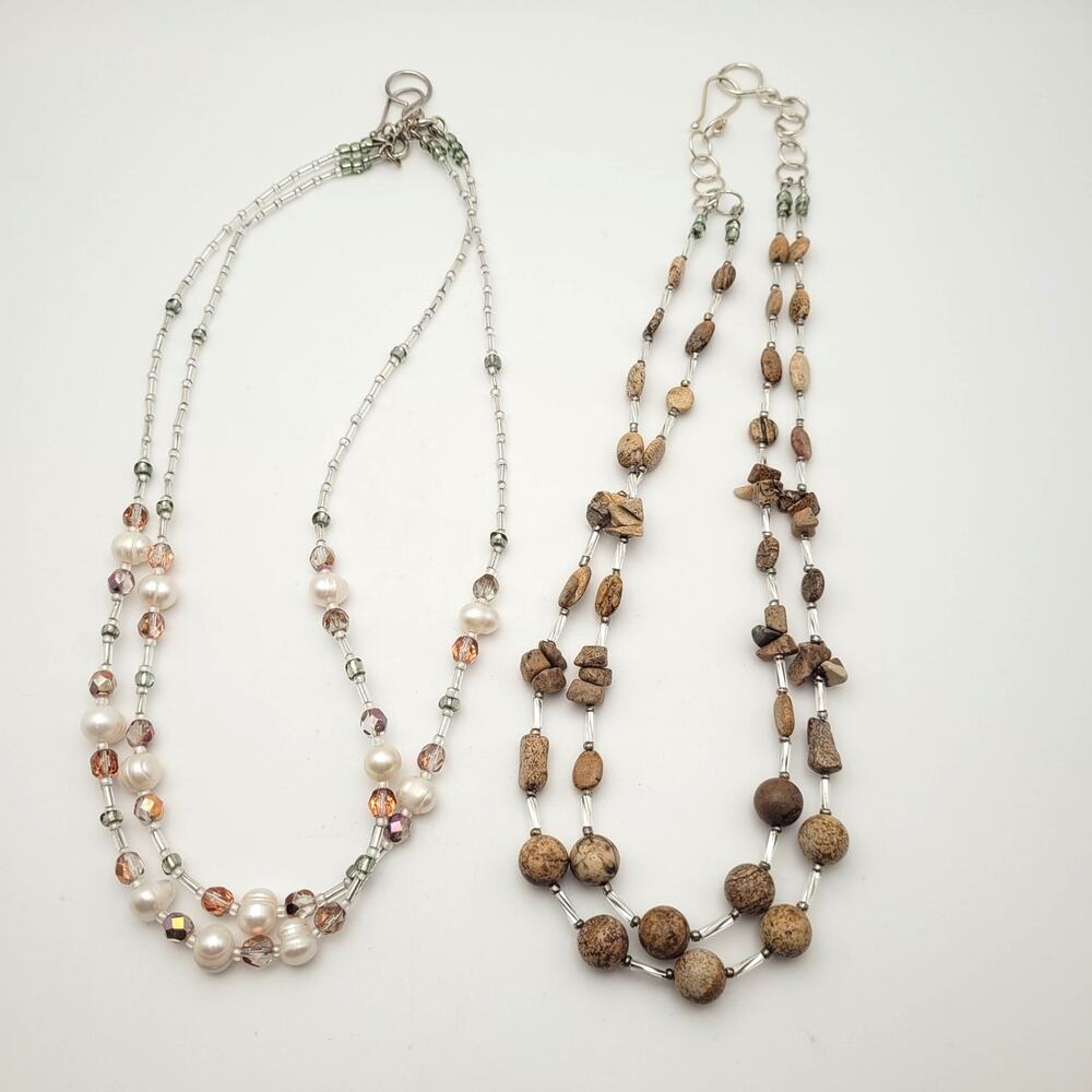 Layered Beaded Necklaces Neutral Pearl Stone Boho Cottage Romantic Adjustable